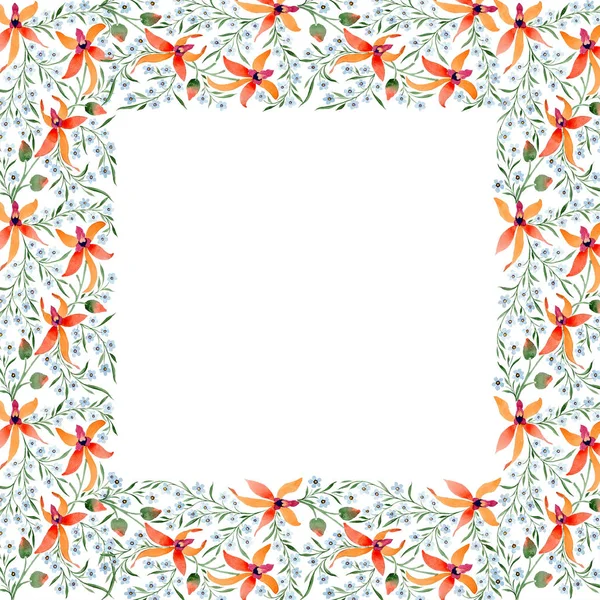 Frame of blue and orange flowers. Watercolour drawing of background with orchids and forget me nots. — Stock Photo