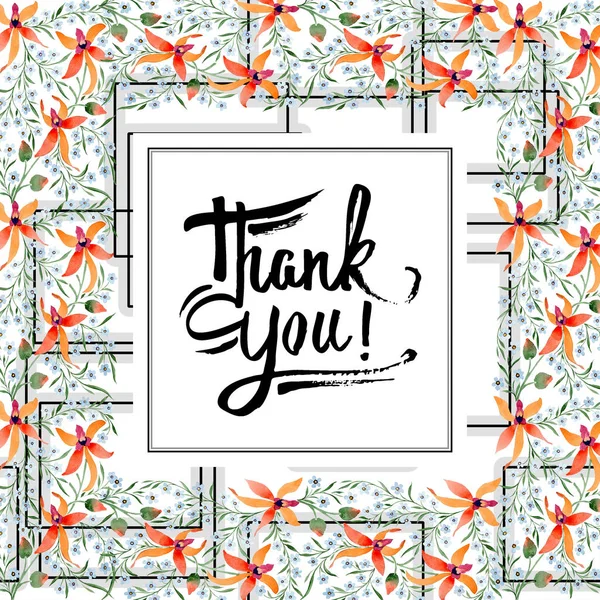 Dankeschön-Grußkarte mit blauen und orangen Blumen. Aquarellzeichnung des Hintergrundes mit Orchideen und Vergissmeinnicht. — Stockfoto