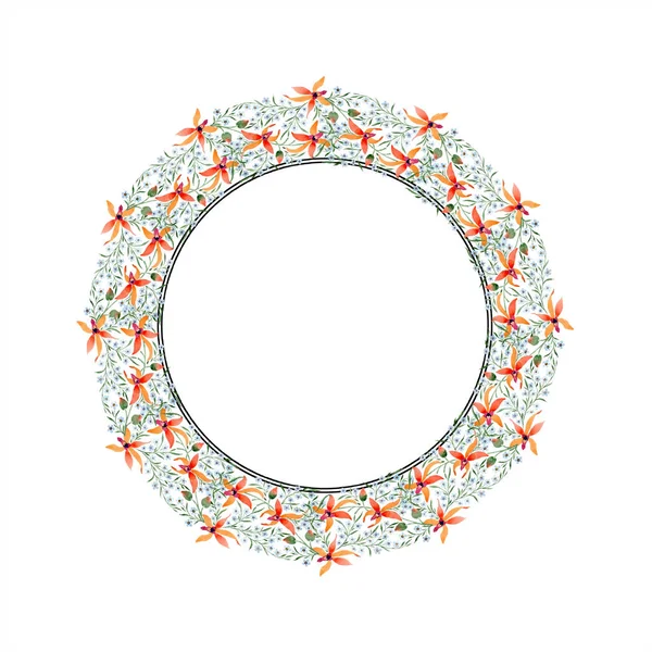 Cadre circulaire de fleurs bleues et oranges. Aquarelle dessin de fond avec des orchidées et oubliez-moi nots . — Photo de stock