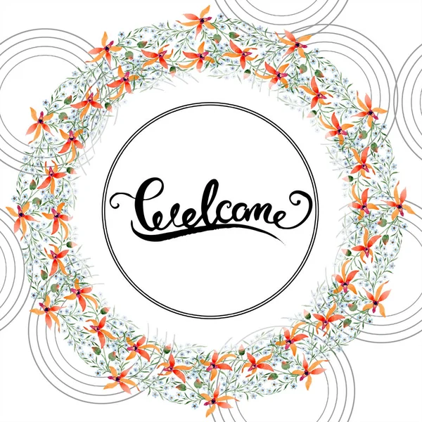 Welcome card with blue and orange flowers. Watercolour drawing of background with orchids and forget me nots. — Stock Photo