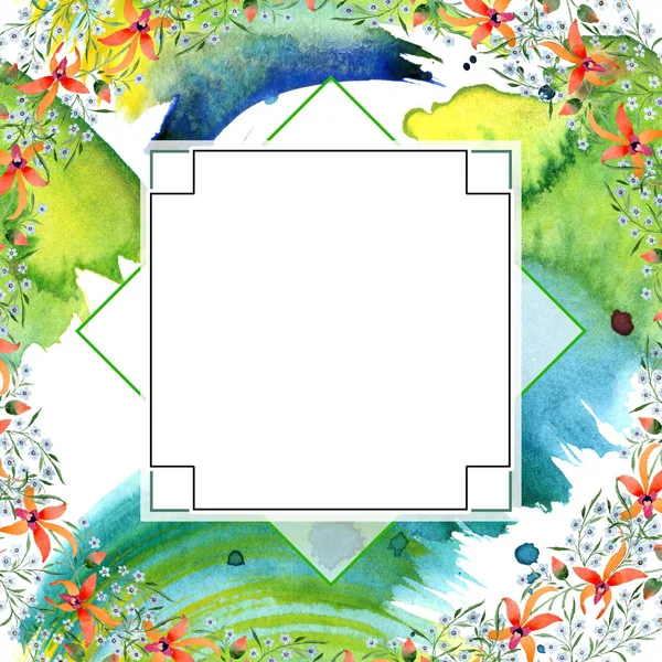 Geometric frame with blue and orange flowers. Watercolour drawing of background with orchids and forget me nots. — Stock Photo