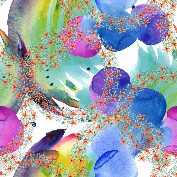 Blue and orange flowers in circles. Watercolour drawing of background with orchids and forget me nots. — Stock Photo