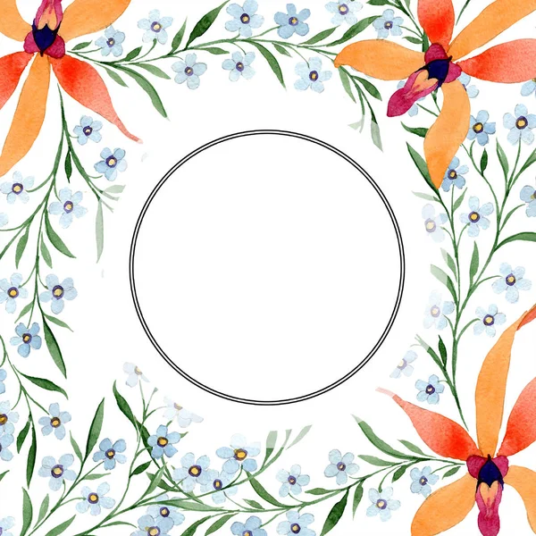 Blue and orange flowers as circle frame. Watercolour drawing of background with orchids and forget me nots. — Stock Photo