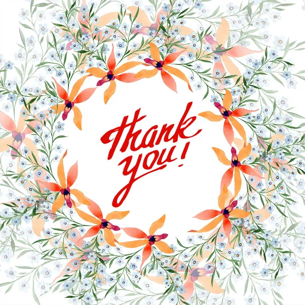 Dankeschön-Grußkarte mit blauen und orangen Blumen. Aquarellzeichnung des Hintergrundes mit Orchideen und Vergissmeinnicht. — Stockfoto