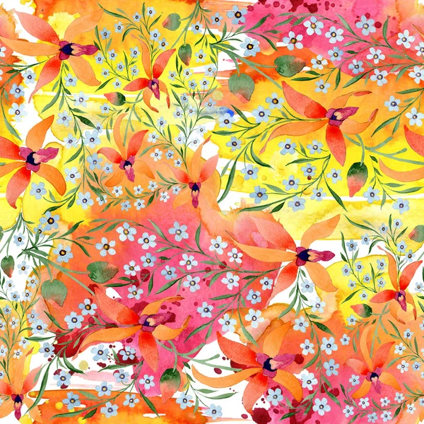 Blue and orange flowers. Watercolour drawing of background with orchids and forget me nots. — Stock Photo