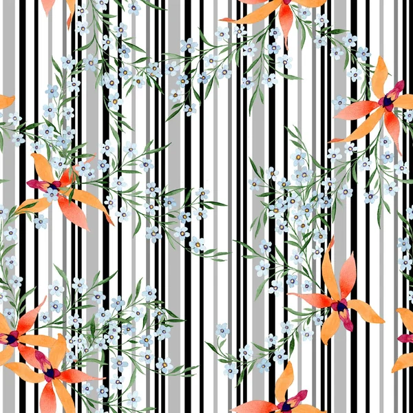 Blue and orange flowers. Watercolour drawing of background with orchids and forget me nots. — Stock Photo