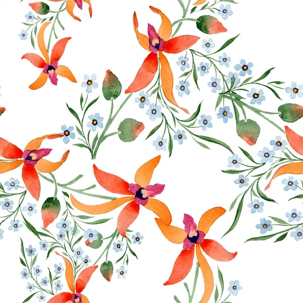 Flores azules y naranjas. Dibujo acuarela de fondo con orquídeas y no me olvides . - foto de stock
