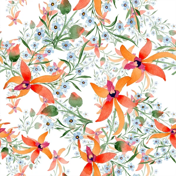 Blue and orange flowers. Watercolour drawing of background with orchids and forget me nots. — Stock Photo