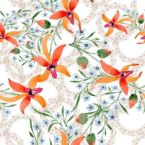 Flores azules y naranjas. Dibujo acuarela de fondo con orquídeas y no me olvides . — Stock Photo