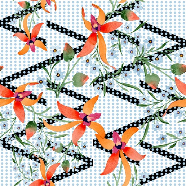 Blaue und orangefarbene Blumen. Aquarellzeichnung des Hintergrundes mit Orchideen und Vergissmeinnicht. — Stockfoto