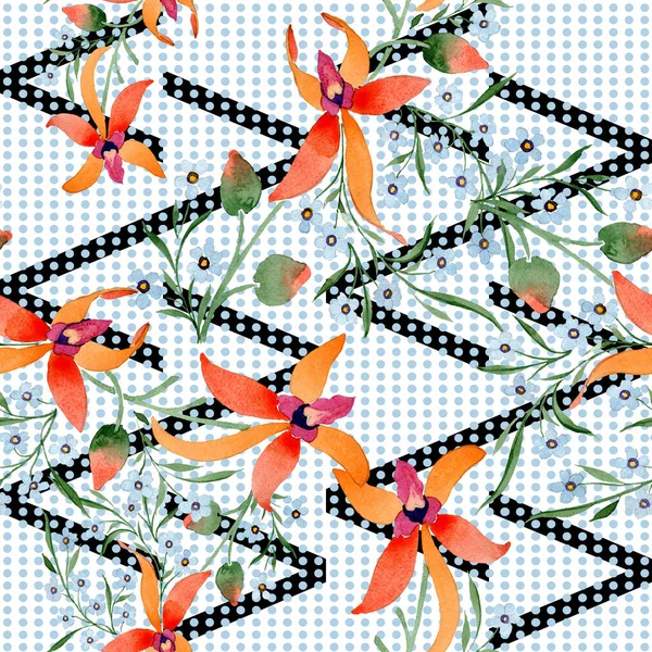 Blue and orange flowers. Watercolour drawing of background with orchids and forget me nots. — Stock Photo