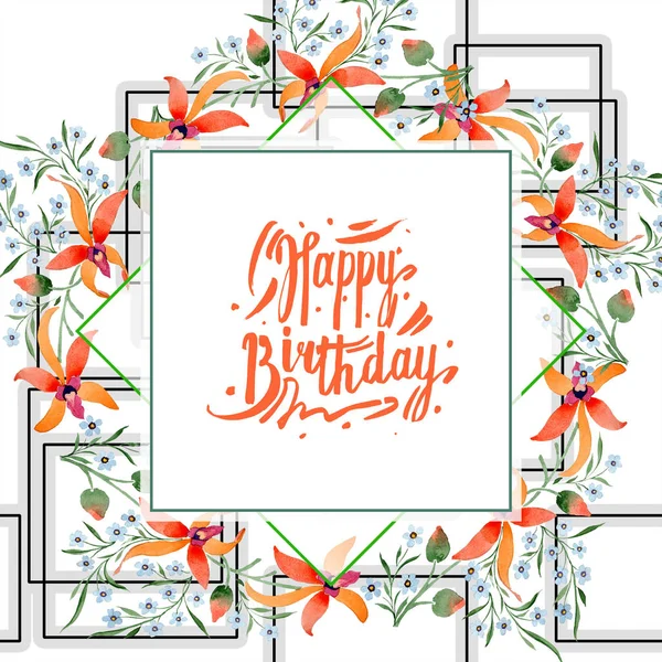 Happy birthday greeting card with blue and orange flowers. Watercolour drawing of background with orchids and forget me nots. — Stock Photo
