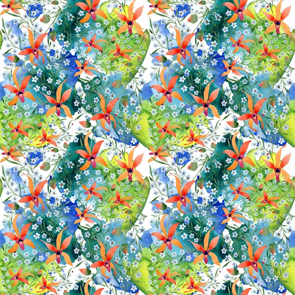 Blue and orange flowers. Watercolour drawing of background with orchids and forget me nots. — Stock Photo