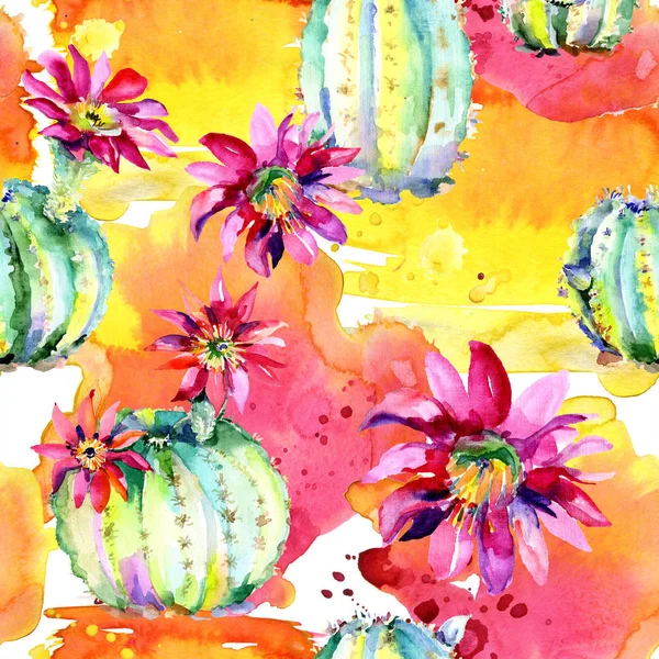 Green cacti with pink flowers. Watercolor seamless background pattern. — Stock Photo