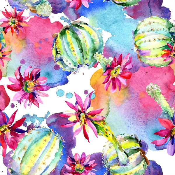 Green cacti with pink flowers. Watercolor seamless background pattern. — Stock Photo