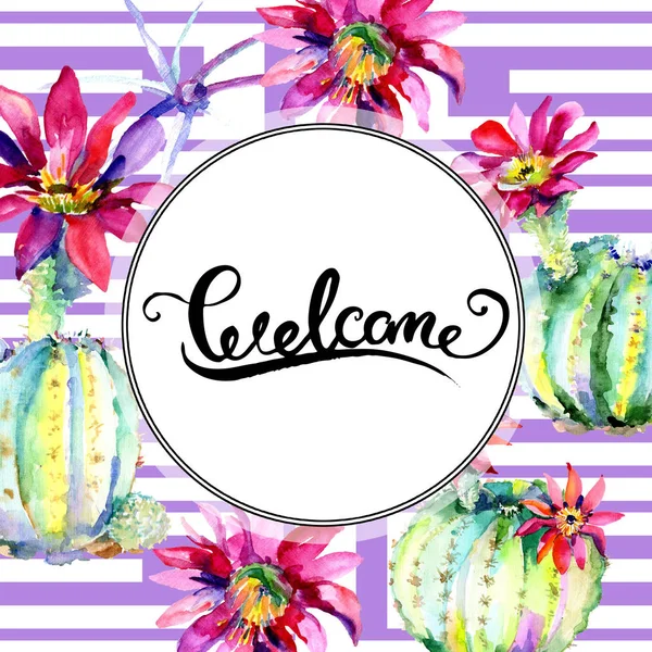 Cactus verts avec fleurs aquarelle ensemble d'illustration. Frame border avec lettrage de bienvenue . — Photo de stock