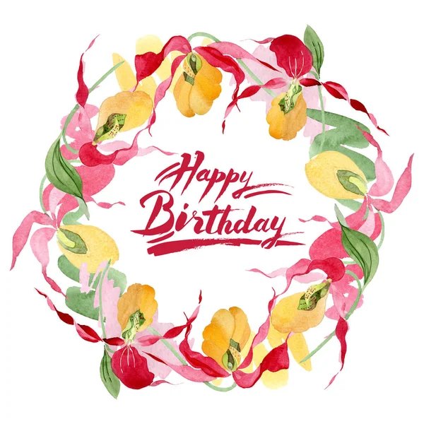 Signora pantofola orchidee acquerello cornice illustrazione isolato su bianco con felice compleanno lettering — Foto stock