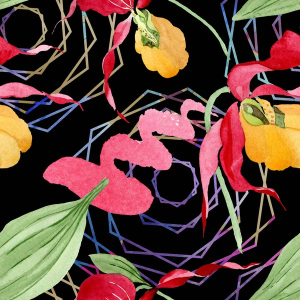Орхидеи тапочки леди с мазками кисти акварельные иллюстрации на черном фоне, бесшовный рисунок фона — стоковое фото