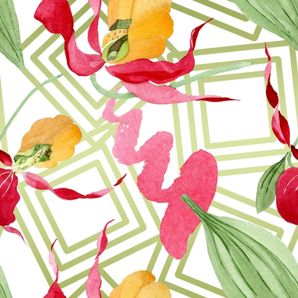 Lady slipper orchids with brushstrokes watercolor illustration on white background, seamless background pattern — Stock Photo