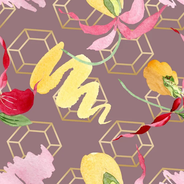 Signora pantofola orchidee con pennellate acquerello illustrazione, senza soluzione di continuità modello di sfondo — Foto stock