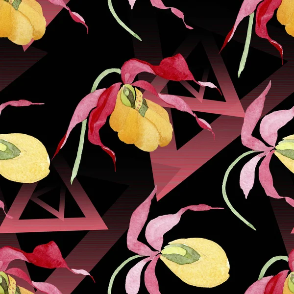 Señora zapatilla orquídeas con pinceladas acuarela ilustración sobre fondo negro, patrón de fondo sin costuras - foto de stock