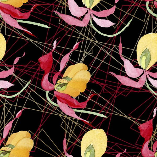 Dame orchidées pantoufle avec des coups de pinceau aquarelle illustration sur fond noir, motif d'arrière-plan sans couture — Photo de stock
