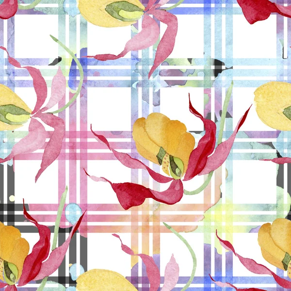 Lady slipper orchids with brushstrokes watercolor illustration on white plaid background, seamless background pattern — Stock Photo