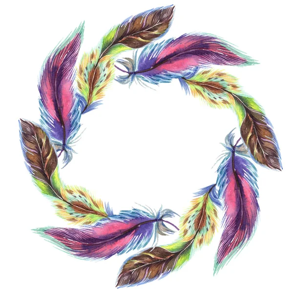 Colorful watercolor feathers isolated on white illustration. Frame border ornament with copy space. — Stock Photo