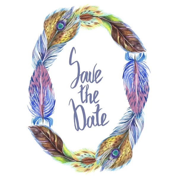 Colorful watercolor feathers isolated on white illustration. Frame border ornament with save the date lettering. — Stock Photo