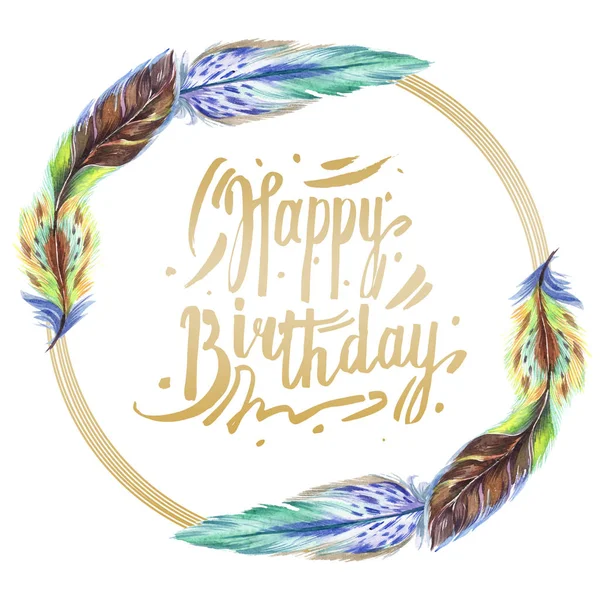 Colorful watercolor feathers isolated on white illustration. Frame border ornament with happy birthday lettering. — Stock Photo