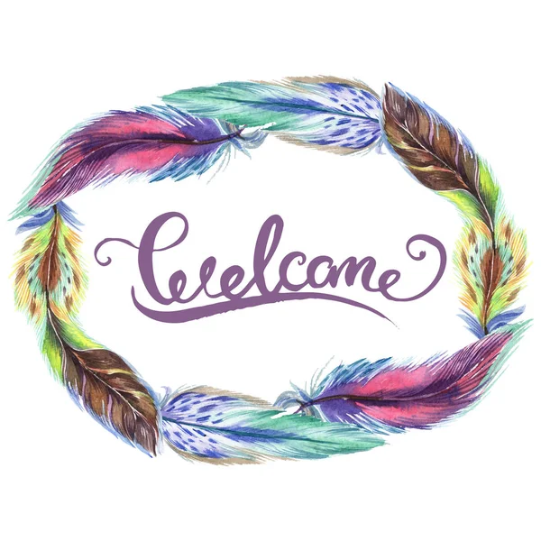 Colorful watercolor feathers isolated on white illustration. Frame border ornament with welcome lettering. — Stock Photo