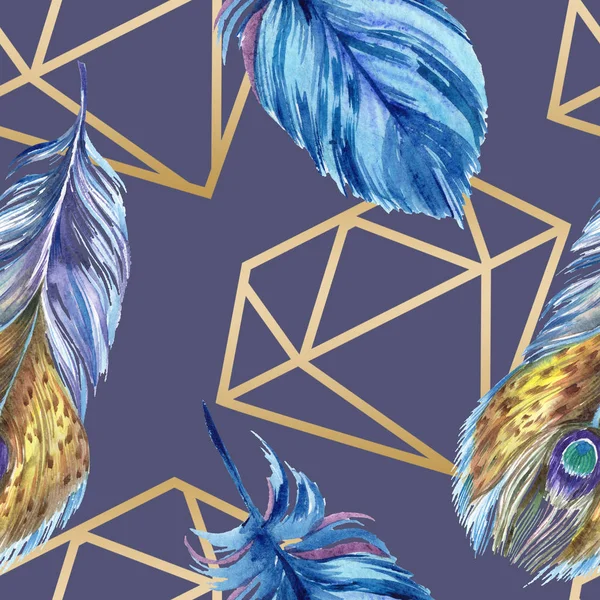 Красочные перья с золотыми бриллиантами иллюстрации изолированы на фиолетовый. Бесшовный рисунок фона. Текстура ткани для печати обоев . — стоковое фото