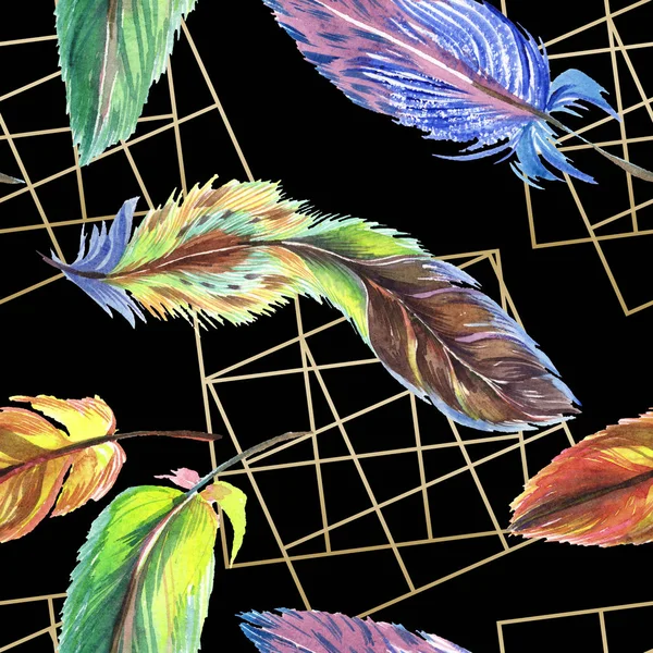 Colorful feathers with lines on black background. Seamless background pattern. Fabric wallpaper print texture. — Stock Photo