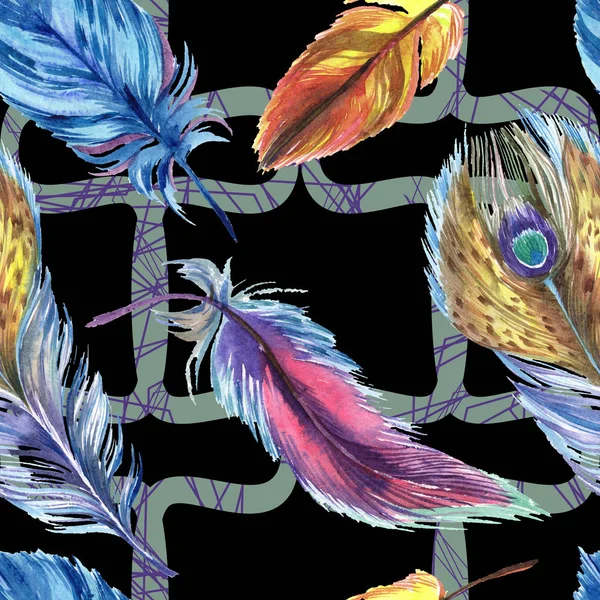 Colorful feathers with abstract lines on black background. Seamless background pattern. Fabric wallpaper print texture. — Stock Photo