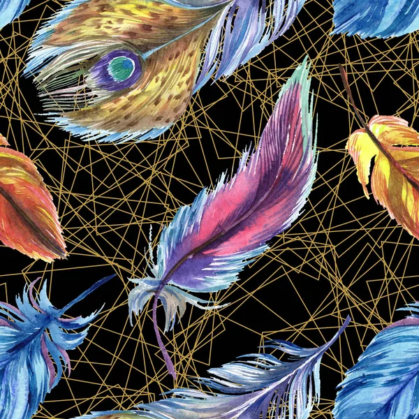 Colorful feathers with lines on black background. Seamless background pattern. Fabric wallpaper print texture. — Stock Photo