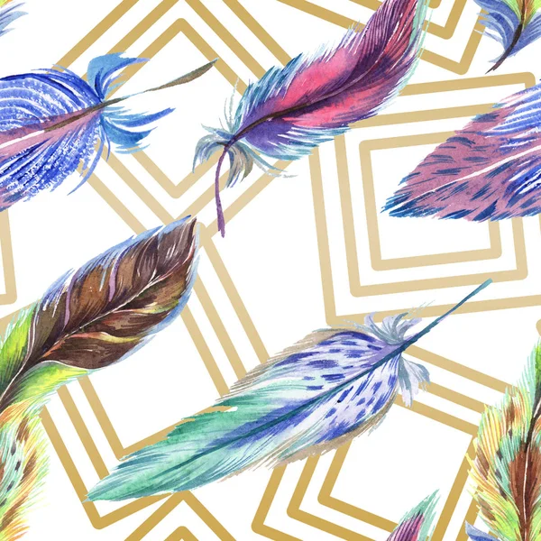 Colorful feathers with lines on white background. Seamless background pattern. Fabric wallpaper print texture. — Stock Photo