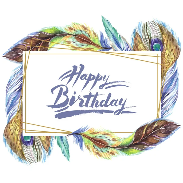 Colorful watercolor feathers isolated on white illustration. Frame border ornament with happy birthday lettering. — Stock Photo
