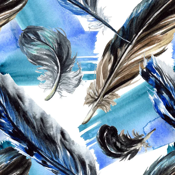 Black feathers watercolor drawing. Seamless background pattern. Fabric wallpaper print texture. — Stock Photo