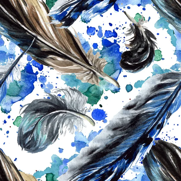 Black feathers watercolor drawing. Seamless background pattern. Fabric wallpaper print texture. — Stock Photo