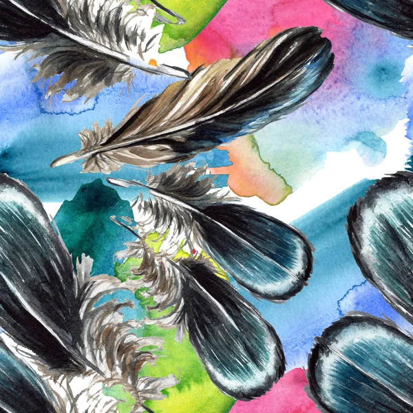 Black feathers watercolor drawing. Seamless background pattern. Fabric wallpaper print texture. — Stock Photo