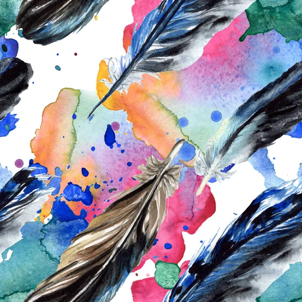 Black feathers watercolor drawing. Seamless background pattern. Fabric wallpaper print texture. — Stock Photo