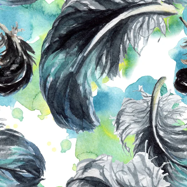Black feathers watercolor drawing. Seamless background pattern. Fabric wallpaper print texture. — Stock Photo