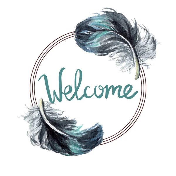 Black feathers isolated watercolor illustration. Frame border with welcome lettering. — Stock Photo