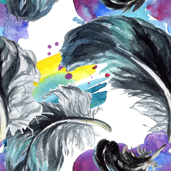Plumas negras acuarela dibujo. Patrón de fondo sin costuras. Textura de impresión de papel pintado de tela . — Stock Photo