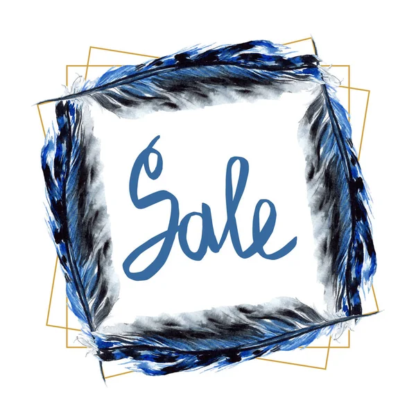 Black feathers isolated watercolor illustration. Frame border with sale lettering. — Stock Photo