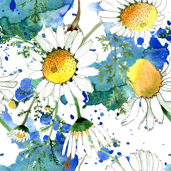 Wild spring Chamomile flowers. Watercolor illustration set. Watercolour drawing fashion aquarelle. Seamless background pattern. Fabric wallpaper print texture. — Stock Photo