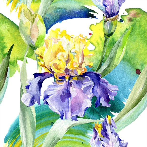 Purple yellow irises background. Hand drawn botanical flowers. Watercolor background illustration set. Watercolour drawing fashion aquarelle. — Stock Photo