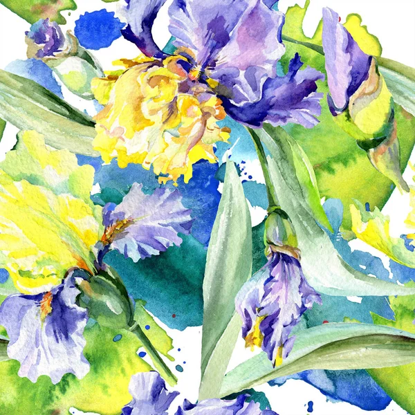 Purple yellow irises background. Hand drawn botanical flowers. Watercolor background illustration set. Watercolour drawing fashion aquarelle. — Stock Photo