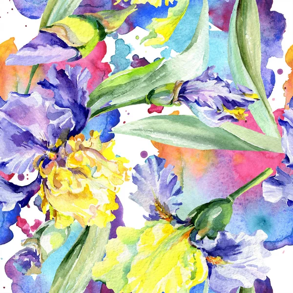 Purple yellow irises background. Hand drawn botanical flowers. Watercolor background illustration set. Watercolour drawing fashion aquarelle. — Stock Photo