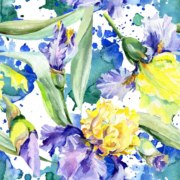 Purple yellow irises background. Hand drawn botanical flowers. Watercolor background illustration set. Watercolour drawing fashion aquarelle. — Stock Photo